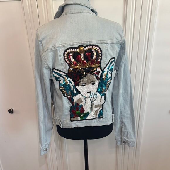 Just USA Blue Jean Jacket Classic Denim Style Distressing and Angel Sequin Patch - Picture 1 of 8